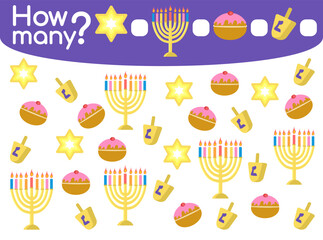 Counting game for preschool children with Hanukkah traditional symbols. Educational mathematical game. Count how many elements by types and write the result. Flat cartoon style vector illustration