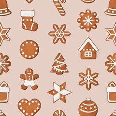 Gingerbread christmas cookies seamless pattern.  Christmas  cookies gingerbread  watercolor seamless pattern.  