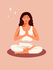 Woman doing yoga. Conceptual illustration for yoga class. Poster for yoga studio. Trendy pastel colored vector illustration. Young woman in Yoga Pose. Girl practicing yoga. Minimalistic vector flat.