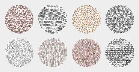 Set of hand drawn abstract lines and curves patterns. Circle doodle background frame elements. Artistic collection of ink drawing textures.
