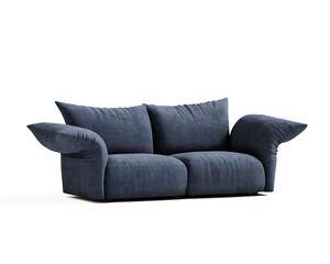 3d rendering of an isolated modern blue upholstered cosy lounge 2 seat sofa with big armrests.