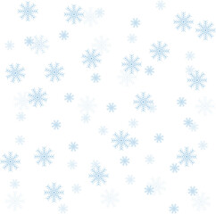 Naklejka na ściany i meble Blue snowflakes of different sizes and transparency on a white background. Vector illustration, patern. Winter concept