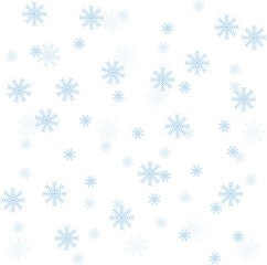 Blue snowflakes of different sizes and transparency on a white background. Vector illustration, patern. Winter concept