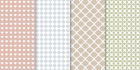 Fototapeta na wymiar Set of cute minimal geometric texture seamless patterns. Repeating simple geometrical shapes modern background. Graphic trendy abstract wallpaper.