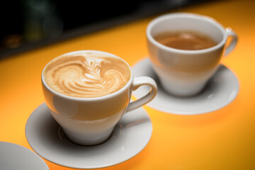 close-up view on white cup with tasty coffee drink with saucer on yellow table