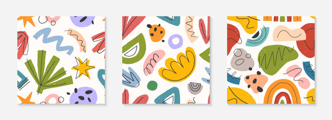 Set of childish abstract seamless pattern.Colorful hand drawn organic shapes,lines,doodles and elements.Vector trendy design for prints,flyers,banners,fabric,invitations,branding,covers and more.