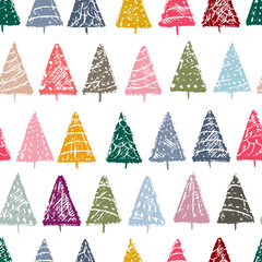 Vector seamless pattern with new year tree silhouettes. Repeatable holiday backdrop. Design for wrapping paper, greeting cards, ads, promo and banners.