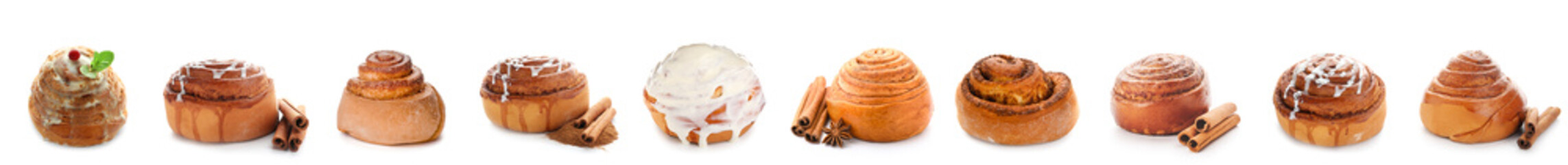 Set of sweet cinnamon buns isolated on white