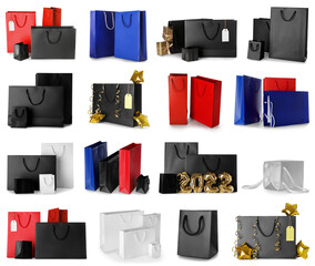 Collection of shopping paper bags on white background. Concept of Black Friday sale