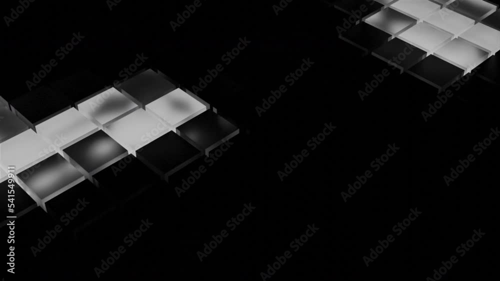 Poster surfaces with moving flashing squares on black background. design. glowing music buttons move in dar