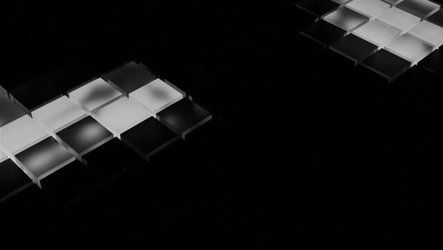 Surfaces with moving flashing squares on black background. Design. Glowing music buttons move in dark. Flashing square buttons glow and move on surface
