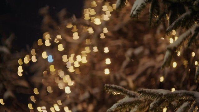 Lights bokeh from a Christmas tree decorated on streets of the city. Fir tree shot and blurred lights at night. Holiday concept.
