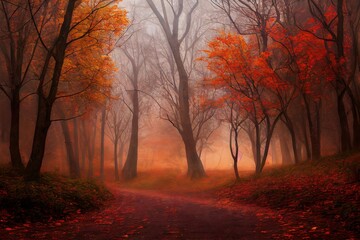 Magical autumn woods with thick fog fall colours generative ai	