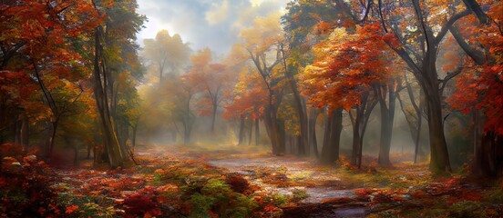 Fototapeta na wymiar Magical autumn woods with thick fog fall colours generative ai 