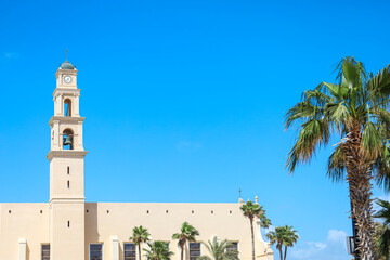 Fototapeta na wymiar View of beautiful church and palm trees on sunny day