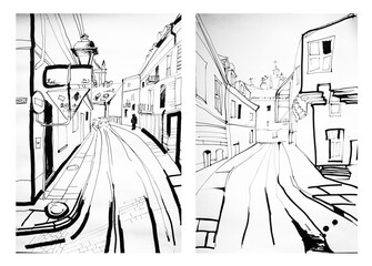 Pictures is drawn with ink. Set or collection. City street. Cars, road, people and buildings. Black and white colors. Art or picture hand drawn. Abstract and minimalistic style.