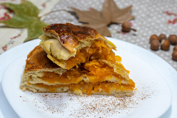 Homemade pumpkin pie and cinnamon slices on white plate