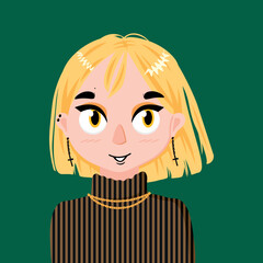 Blonde girl with caret on a green background. In bright clothes. Vector illustration. Earrings with crosses. Informal. In a sweatshirt. Neck decoration.