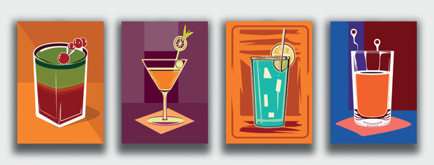Cocktails collection. Classic and tropical alcoholic drinks, long drinking and shot. Vector illustration.