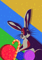 Cute Christmas background with bunny and toys. Vector illustration