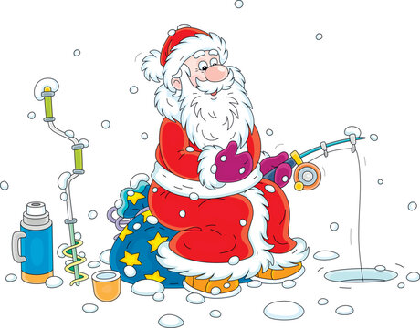 santa claus fishing in winter snow clip art preview
