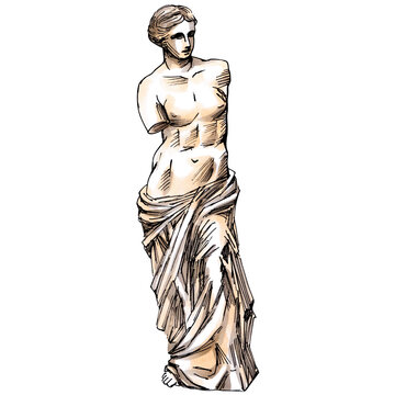 Hand drawn illustration of antique statue of Aphrodite. Sketch markers image of ancient greek sculpture