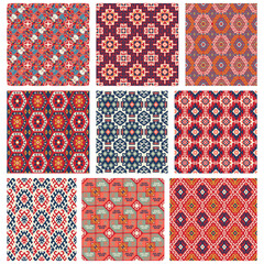 Collection of seamless patterns with Uzbek motifs. Classic geometric textures for carpets