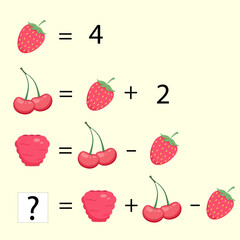 Maths game with berry pictures  for children, easy level, education game for kids, preschool worksheet activity, task for the development of logical thinking. Vector illustration