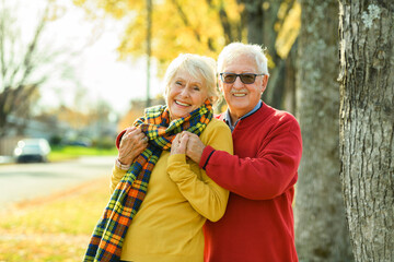 Beautiful Elderly couple embracing in autumn park