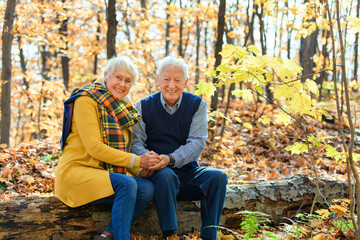 Beautiful Elderly couple embracing in autumn park