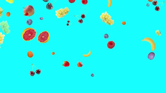 Isolated colorful fresh fruits fall slowly. Overlay with solid color background. 29,97 fps
