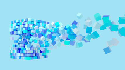 Abstract creative modern blue pastel 3d background three-dimensional cube exploding flying out of it small particles of the cube. 3d illustration