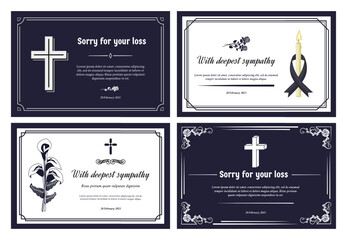 Funeral card layout. Condolence banner with deepest sympathy and sorry for your loss. Frame borders decorative template vector set - obrazy, fototapety, plakaty