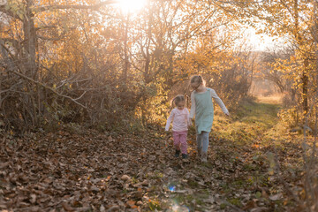 children walk, play, socialize and have fun in the autumn park on a warm sunny day, lifestyle