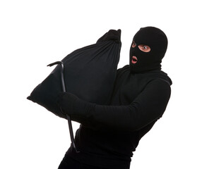 Thief in mask with crowbar and bag on white background