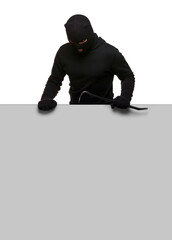 Thief in mask with crowbar on white background, free space.