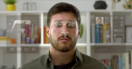 Biometric Facial Recognition System Scanning Man Face Creating Track Points. Authentication Granted. Future Security User Information Protection. Digital technology, Artificial Intelligence. VR - Powered by Adobe