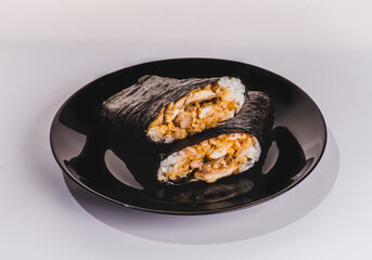 Close Up Korean Rice Roll Gimbap Kimbob Made from Steamed White Rice Bap, Egg, Cucumber, and Vegetable