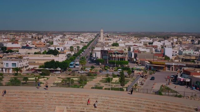 Top view from the Amphitheatre of El Jem city in Tunisia. Shot from ancinet part of the city to the modern one.