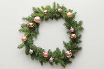 Fototapeta na wymiar Christmas wreath made of fir branches and Christmas balls on white background