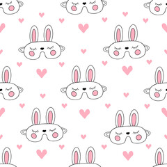 Bunny sleeping mask, rabbit seamless pattern. Vector Illustration for printing, background, cover and packaging. Image can be used for greeting card, poster and textile. Isolated on white background.