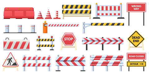 Closed road blocks. Striped red obstacles, wrong way stop and dead end signs. Road works barriers and protection fence vector set