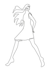 A beautiful girl in a dress is dancing. Simple line drawing isolated on white background