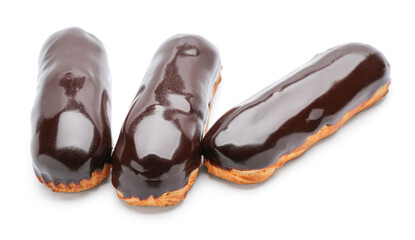 Tasty eclairs in chocolate glaze on white background