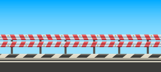 Roadside with guard rail. Highway side with safety roadguard fence, striped crash barrier and traffic protection vector background illustration