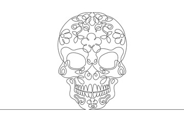 One continuous line. The day of the Dead. Sweet skull. Dia de Muertos. Halloween. Skull with flowers.One continuous line on a white background.