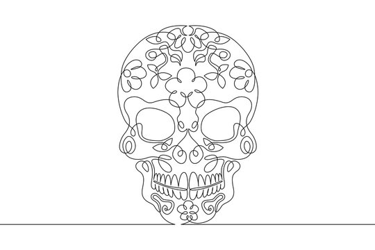 One continuous line. The day of the Dead. Sweet skull. Dia de Muertos. Halloween. Skull with flowers.One continuous line on a white background.