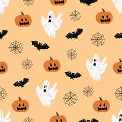 Halloween seamless pattern design. Pumpkins, bats, ghost and web in doodle style. Vector illustration. Background for wallpaper, wrapping and backdrop