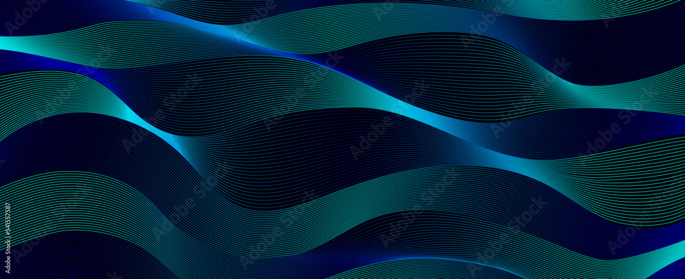 Poster Luxury abstract background with blue ripples wavy line pattern in dark color. Vector horizontal template for business banner, premium invitation, voucher, gift certificate.