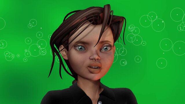 3d animation, one cartoon character speaking on a green background with a flow of particles